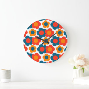Verspieltes Blau-Orange-Blumen-Retro-Fröhlich Große Wanduhr