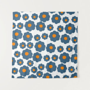 Verspieltes Blau & Orange Florales Retro, Heiter, Wandteppich