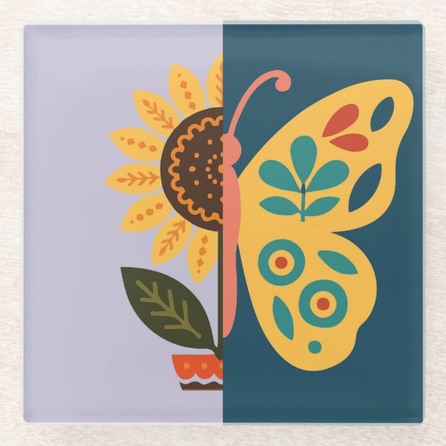 Verspieltes Blumen- und Schmetterlingsdesign  Glasuntersetzer (Vorderseite)