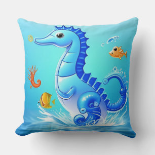 Verspieltes Cartoon-Seepferdchen in blauem Wasser Kissen