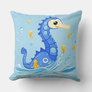 Verspieltes Cartoon-Seepferdchen in blauem Wasser Kissen