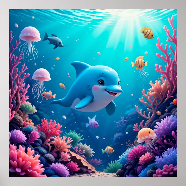 Verspieltes Delphin und farbenfrohe Meereswelt Poster (Vorne)