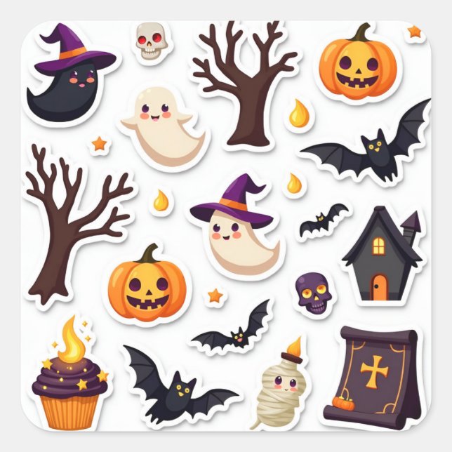 Verspieltes Halloween-Aufkleberblatt – Süße Geiste Quadratischer Aufkleber (Vorderseite)