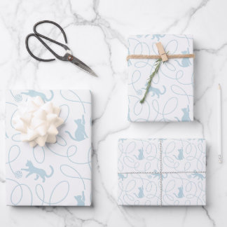 Verspieltes Katzen- und Wollknäuel-Muster Hellblau Geschenkpapier Set