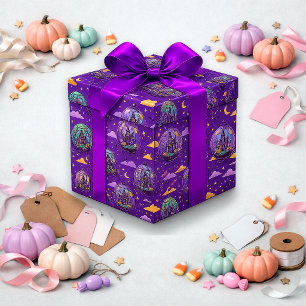 Verspieltes lila Spukhaus-Halloween-Muster Geschenkpapier