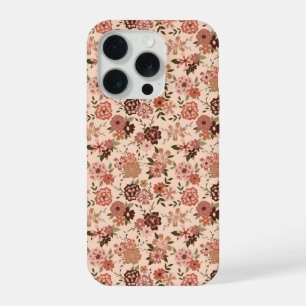 Verspieltes Pfirsich-Braun-Blumenmuster iPhone 15 Pro Hülle