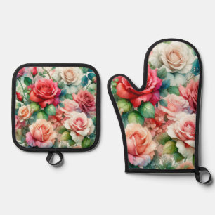 Verspieltes Rosenmuster Ofenhandschuh & Topflappen-Set
