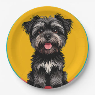 Verspieltes Schwarz-Graues Terrier-Welpenporträt Pappteller
