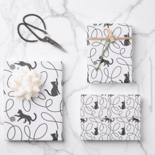 Verspieltes Schwarzkatze- und Garnball-Muster Geschenkpapier Set