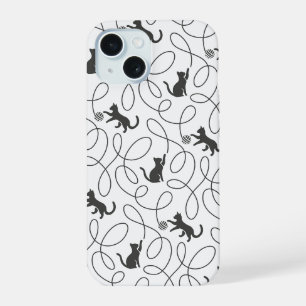 Verspieltes Schwarzkatze- und Garnball-Muster iPhone 15 Hülle