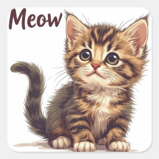 Verspieltes Tabby-Kätzchen mit Meow-Zitat Cat Love Quadratischer Aufkleber