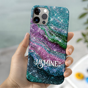 Verspieltes, welliges, blau-lila Glitter-Monogramm Case-Mate iPhone Hülle