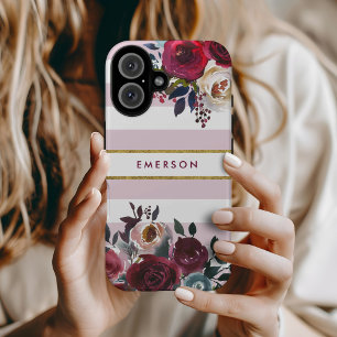 Verstaubtes Rosa Boho Blumen Streifen Monogramm iPhone 16 Hülle
