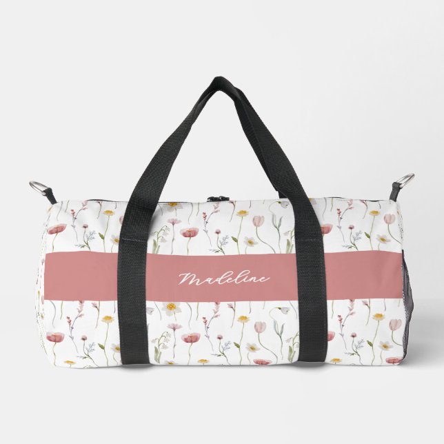 Verstaubtes rosa Wasserfarbe-Wildblumen-Monogramm Duffle Bag (Vorderseite)