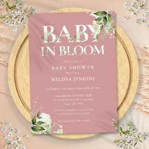 Verstaubtes Rosenrosa Baby in Blüten Grünzeug Baby Einladung