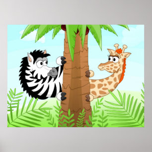 Verstecken von Zebra und Giraffe Poster