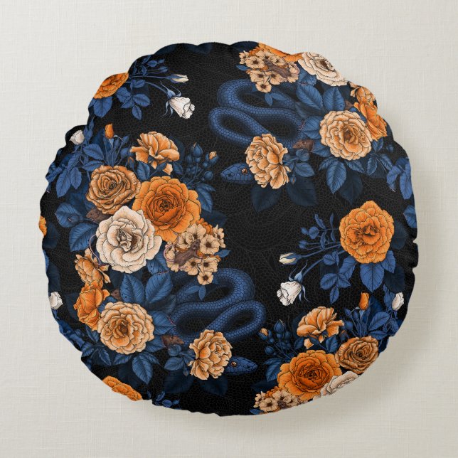 Versteckt in den Rose, orange und blau Rundes Kissen (Vorderseite)