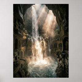 Versteckte Höhle Wasserfall Sonnenlichtstrahlen Poster