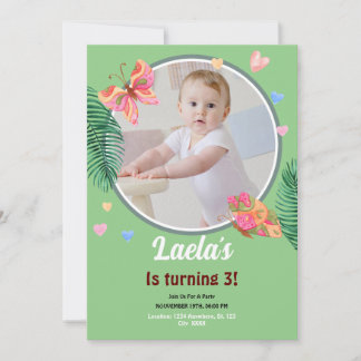 Vert 1er anniversaire Papillon Invitation avec pho