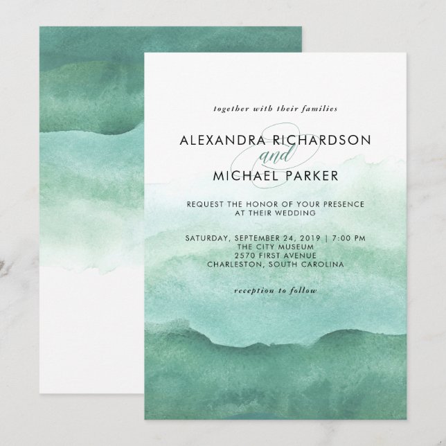 Vert aquarelle | Faire-part de mariage (Devant / Derrière)