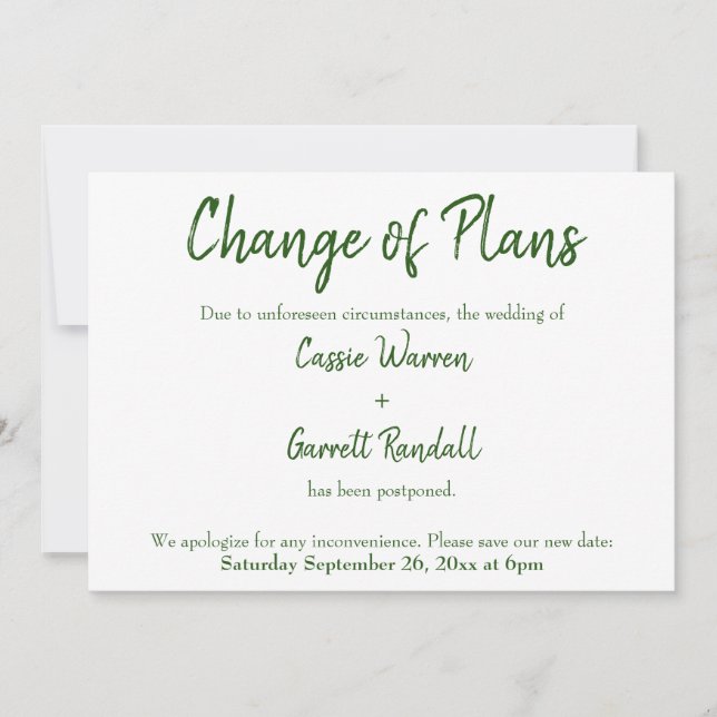 Vert blanc Changement de plans Carte Mariage repor (Devant)