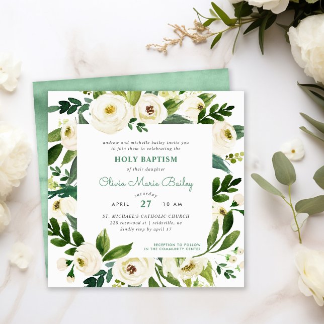 Vert doux Floral Baptême Invitation (Créateur téléchargé)