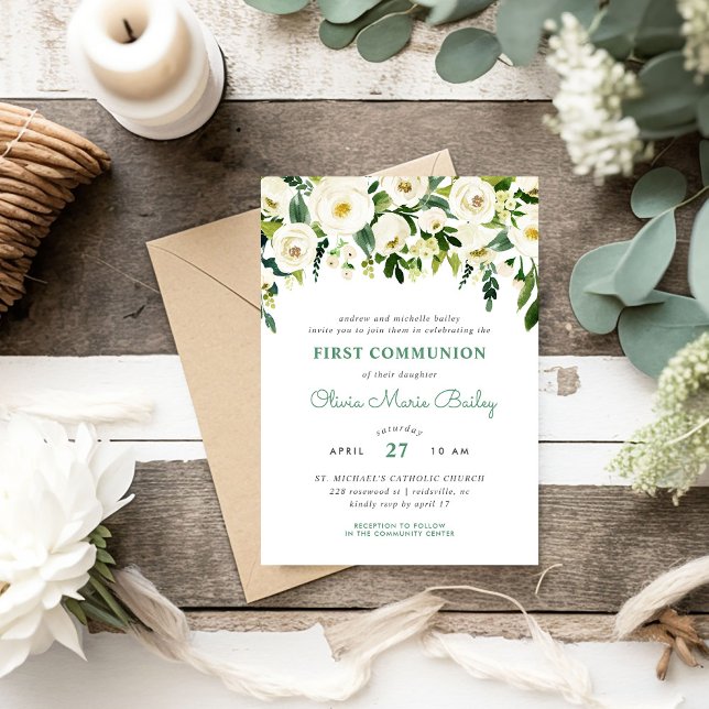 Vert doux Floral Première Communion Invitation (Créateur téléchargé)