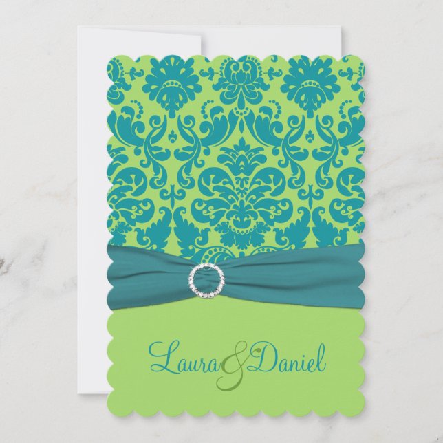 Vert et invitation de mariage damassé de turquoise (Devant)