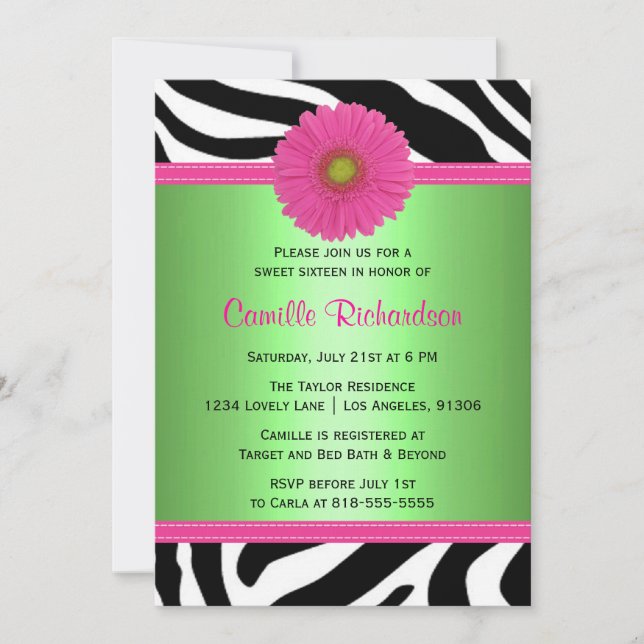 Vert et rose, invitation de sweet sixteen de zèbre (Devant)