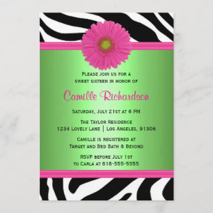 Vert et rose, invitation de sweet sixteen de zèbre