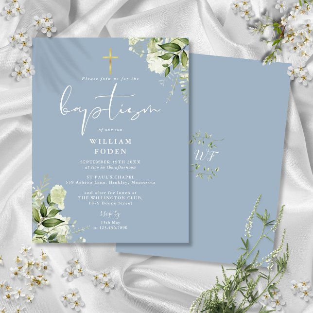 Vert Floral Dusty Baptême bleu Invitation (Greenery Floral Dusty Blue Baptism Invitation Postcard)