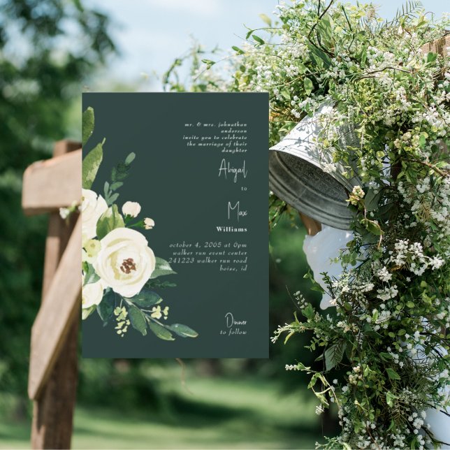 Vert foncé Élégant Faire-part de mariage floral bl (Créateur téléchargé)