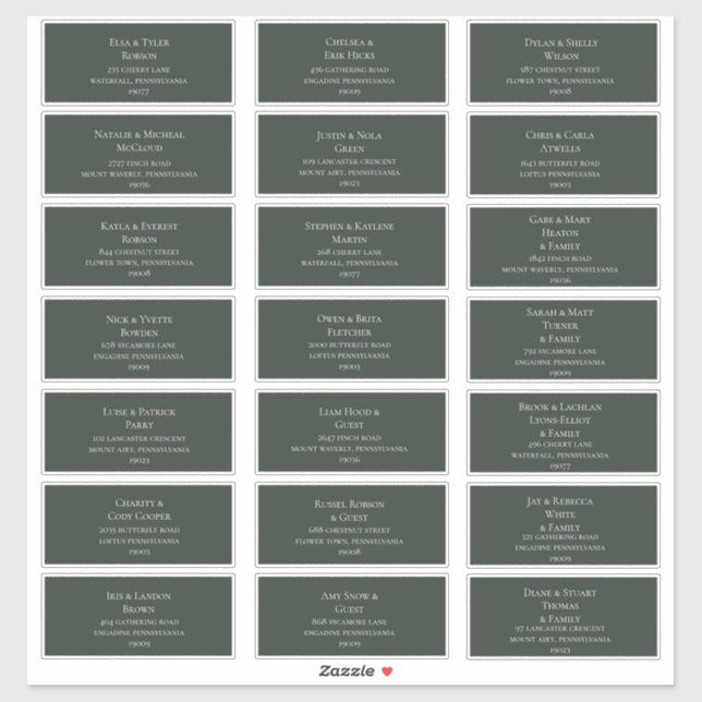 Vert Foncé | Mariage Étiquettes de adresse invités (Feuille)