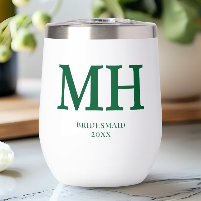 Vert Moderne Monogramme Chic Fête de Mariage Demoi (Green Modern Monogram Chic Bridal Party Bridesmaid Thermal Wine Tumbler)