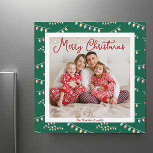 Vert Noël Lumières mignonne carte magnétique photo