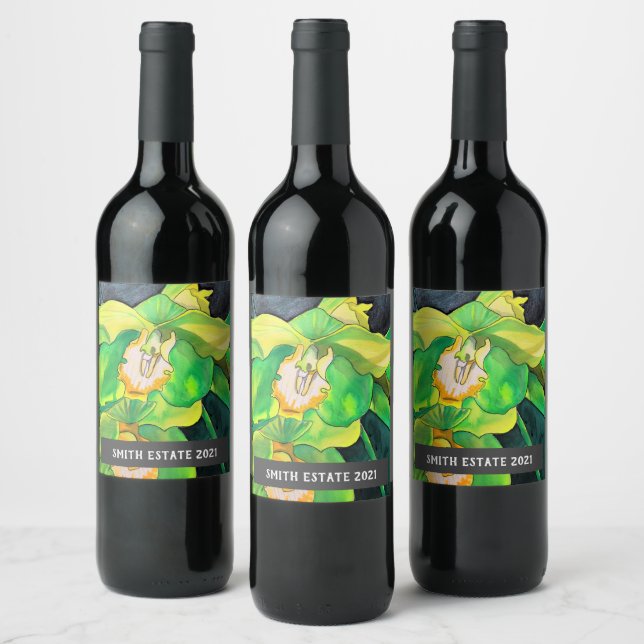 Vert Orchidées aquarelle fleurie art vin étiquette (Bouteilles)