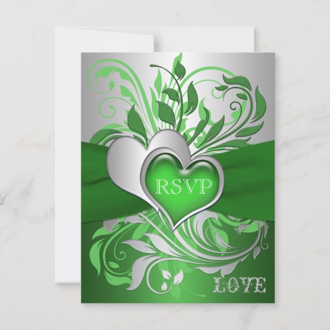 Vert, Parchemins Argent, Cartes RSVP Cœurs (Devant)