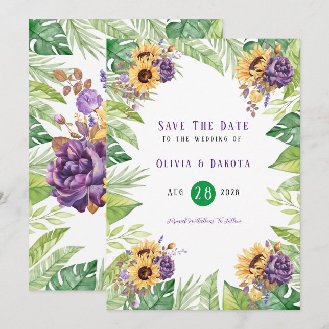 Vert Tournesol Purple Floral Enregistrer Les Carte (Devant / Derrière)