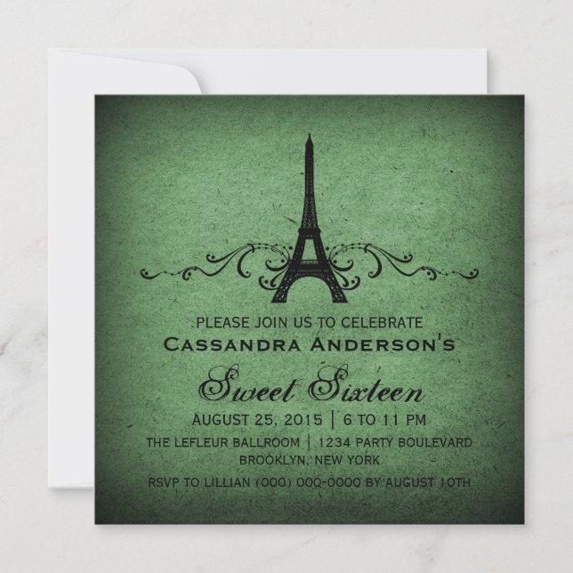 Vert Vintage Français Plourish Sweet 16 Invitation (Devant)