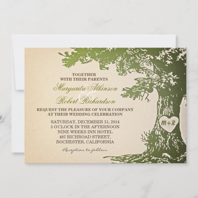 vert vintage vieil arbre de chêne invitations mari (Devant)