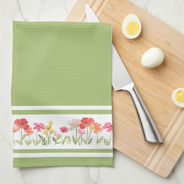Verte Aquarelle Fleur sauvage Serviettes de cuisin (Quart Plié)
