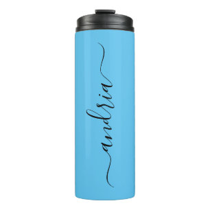 Vertical Black Script Name, Sky Blue Thermosbecher