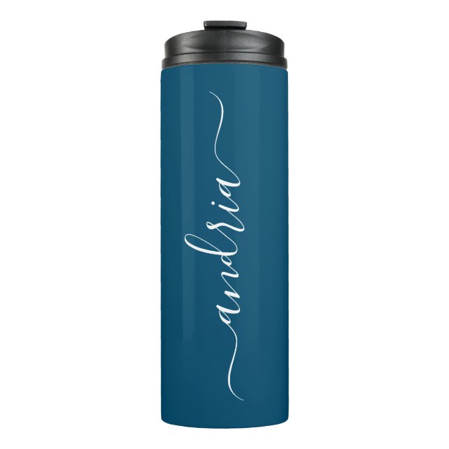 Vertical White Script Name, Ocean Blue Thermosbecher (Vorderseite)