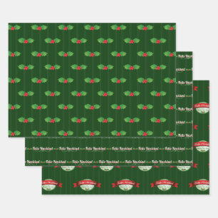 Vertikal gestreifte Holly Berry Feliz Navidad Geschenkpapier Set
