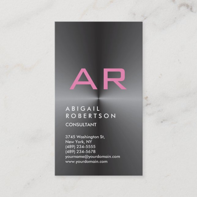 Vertikal Grau Trendy Pink Monogram Feminine Visitenkarte (Vorderseite)