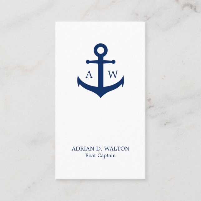 Vertikal: Nautische Navy, Blau und Weißes Monogram Visitenkarte (Vorderseite)