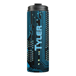 Vertikal Sky Blue Name, Blue & Black Circuit Board Thermosbecher