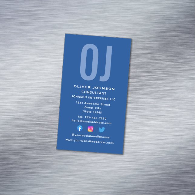 Vertikale Monogramm-Initialen Name Blau Weiß jedes Magnetische Visitenkarte (Beispiel)