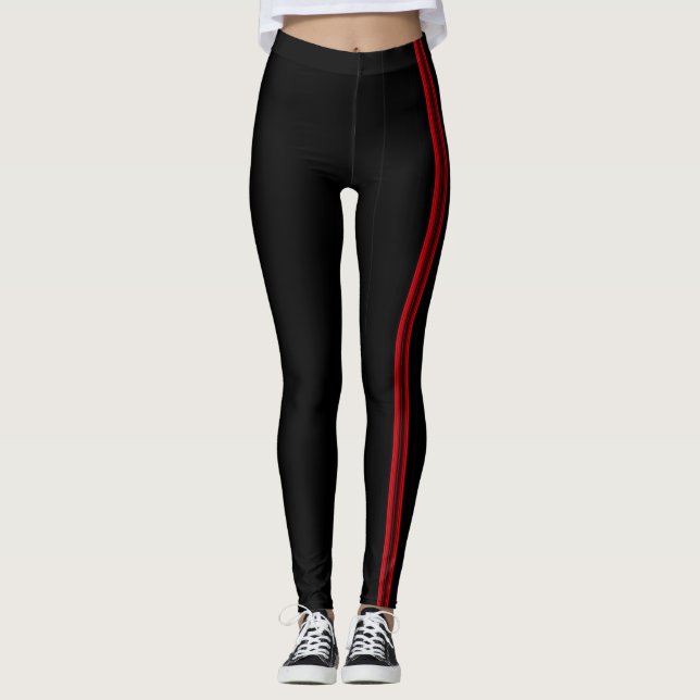Vertikale rote Linien über Schwarz Leggings (Vorderseite)