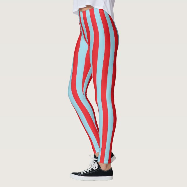 Vertikale rote und blaue Pastellstreifen Leggings (Links)